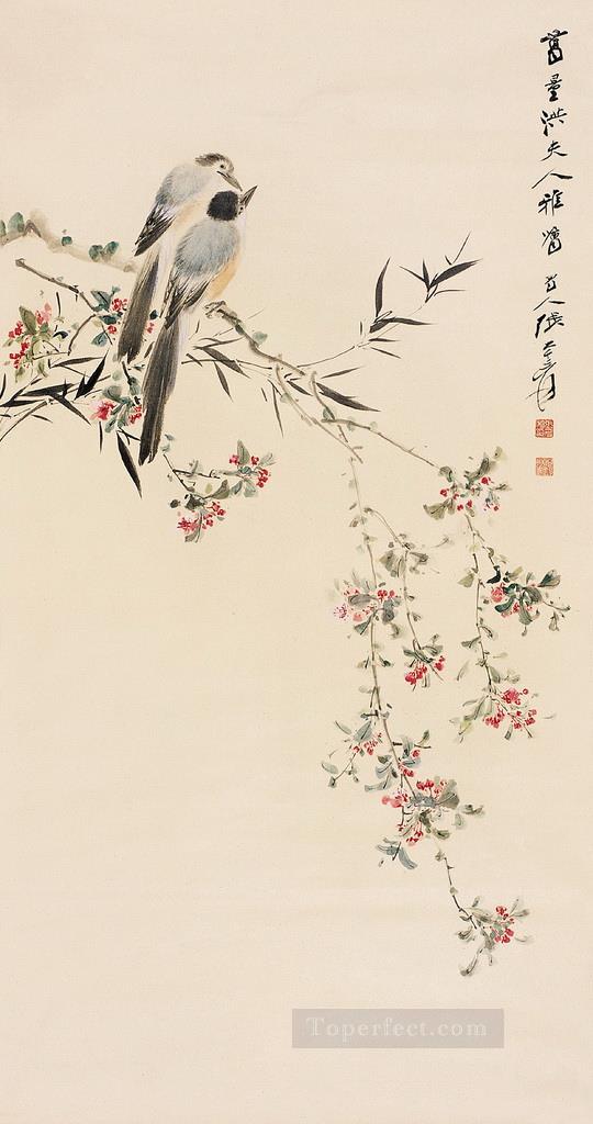 花の枝に張大千の鳥古い中国のインク油絵